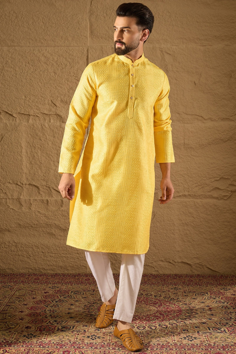Yellow Silk Blend Solid Embroidered Straight Kurta with Trouser MKSET1300