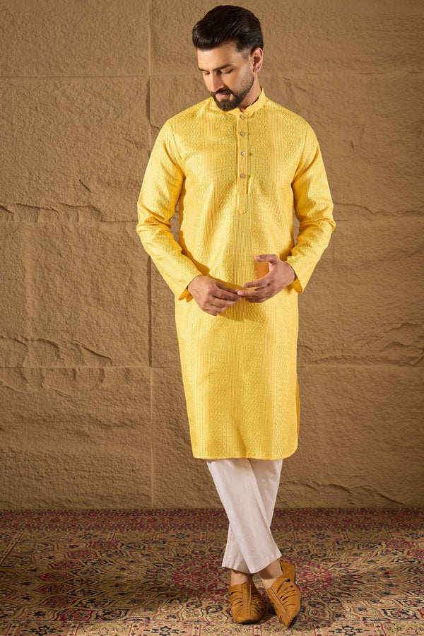 Yellow Silk Blend Solid Embroidered Straight Kurta with Trouser MKSET1300