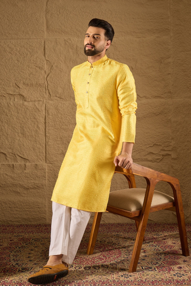 Yellow Silk Blend Solid Embroidered Straight Kurta with Trouser MKSET1300