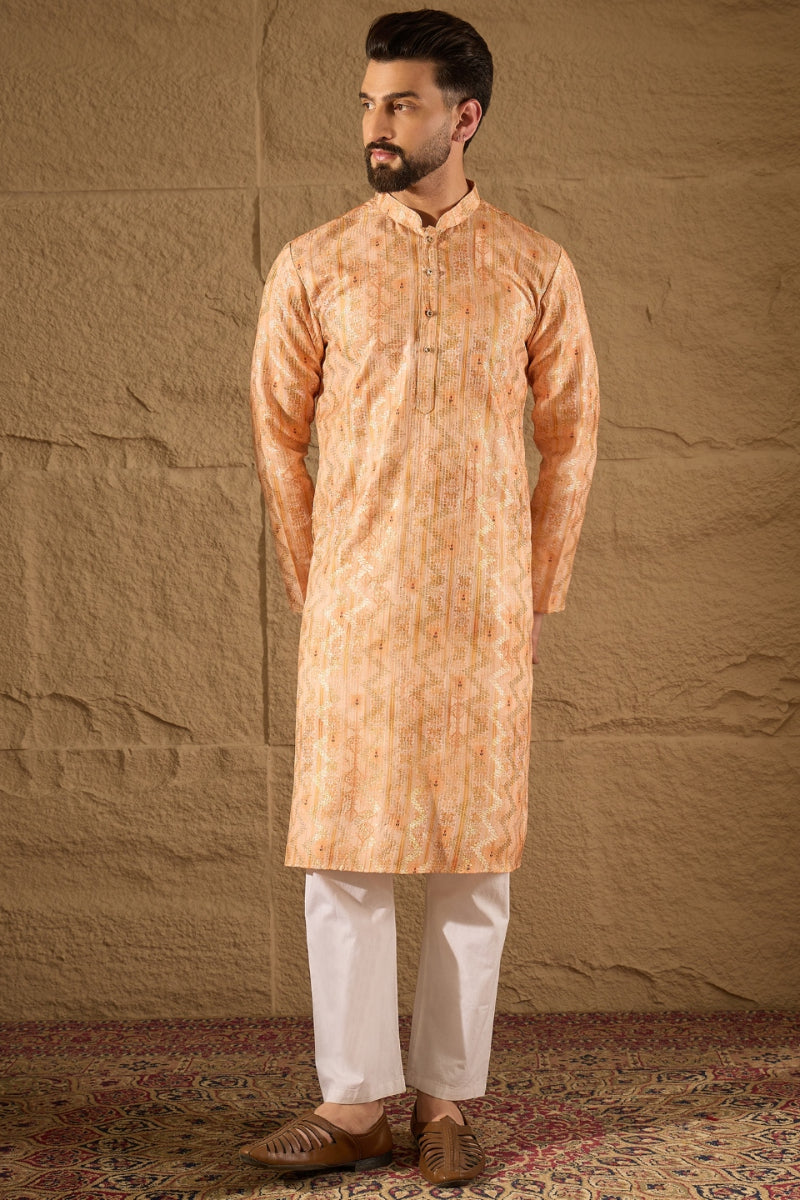 Orange Silk Blend Woven Straight Kurta MKU1301