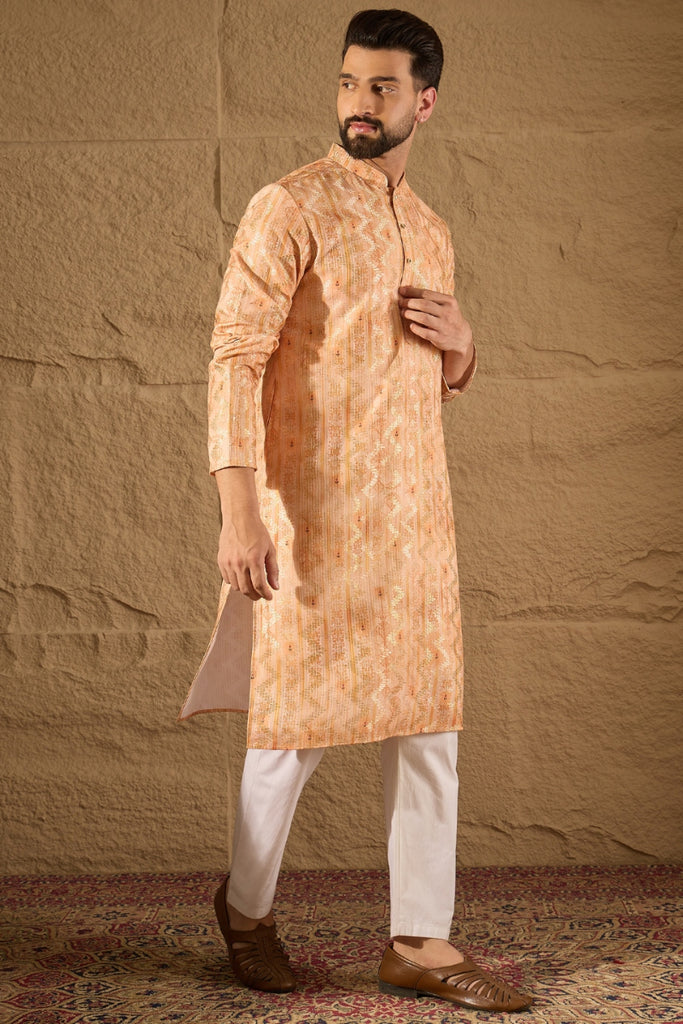 Orange Silk Blend Ethnic Motifs Embroidered Straight Kurta HOPMKU1301