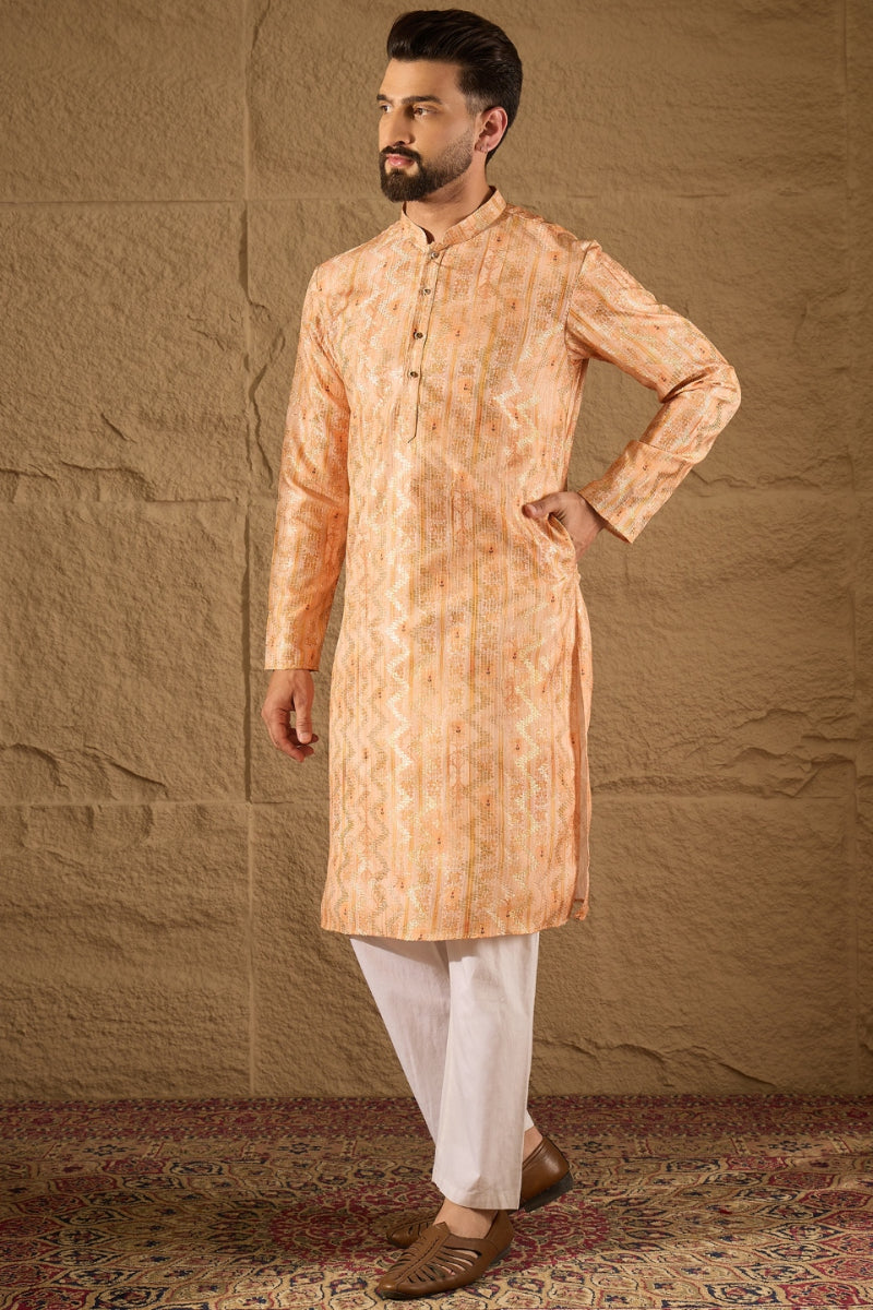 Orange Silk Blend Woven Straight Kurta MKU1301