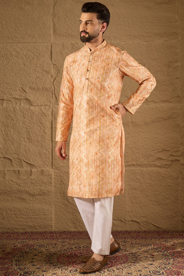 Orange Silk Blend Ethnic Motifs Embroidered Straight Kurta HOPMKU1301