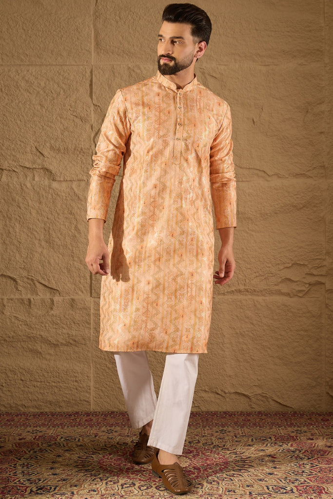 Orange Silk Blend Ethnic Motifs Embroidered Straight Kurta HOPMKU1301