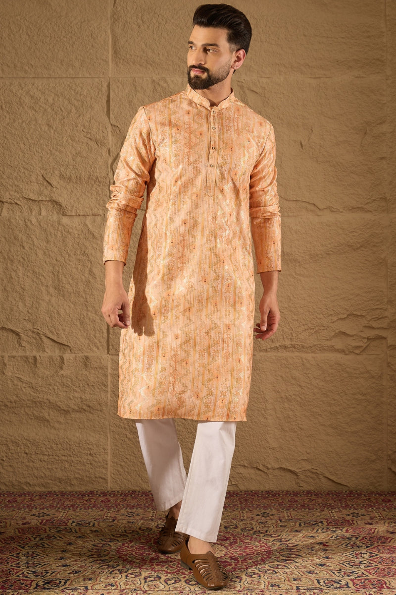 Orange Silk Blend Woven Straight Kurta MKU1301