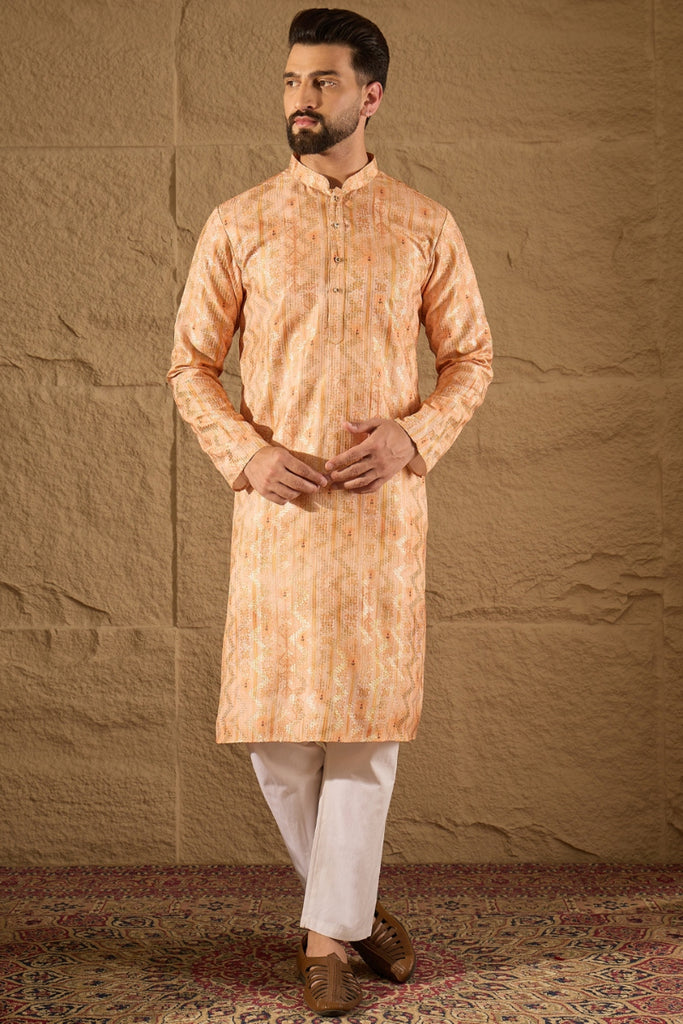 Orange Silk Blend Ethnic Motifs Embroidered Straight Kurta HOPMKU1301