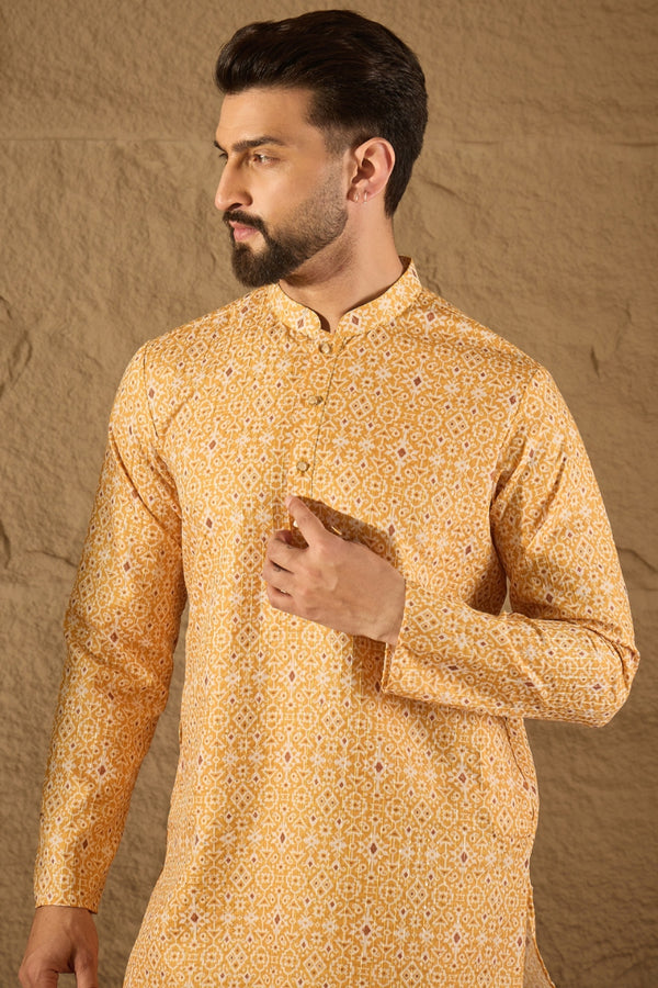 Yellow Silk Blend Ethnic Motif Embroidered Straight Kurta With Pant Set MKSET1304