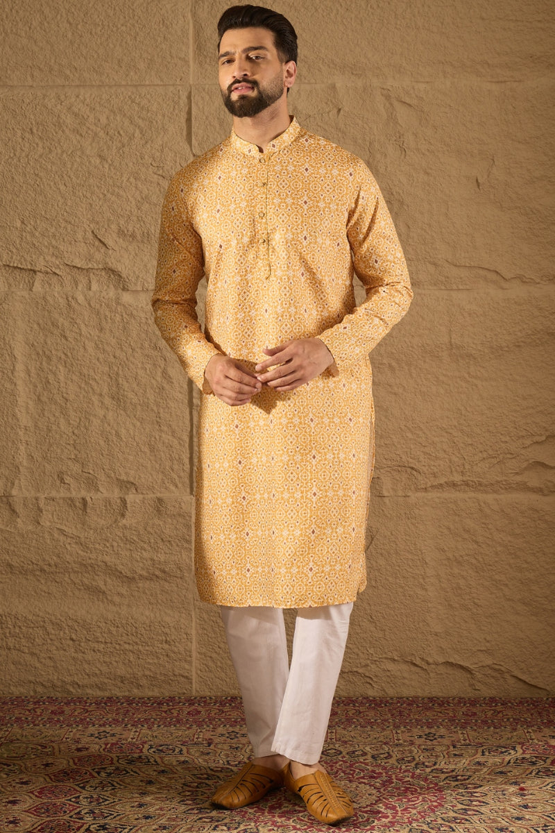 Yellow Silk Blend Ethnic Motif Embroidered Straight Kurta With Pant Set MKSET1304