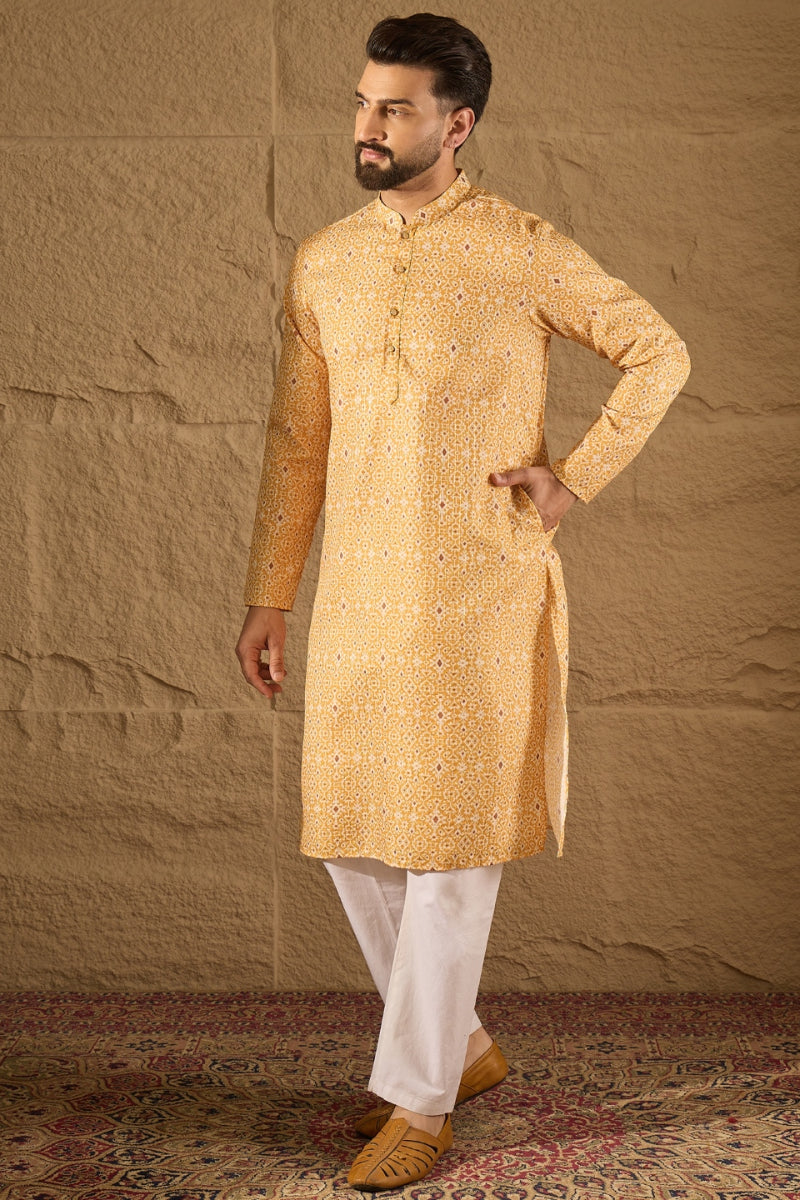 Yellow Silk Blend Ethnic Motif Embroidered Straight Kurta With Pant Set MKSET1304