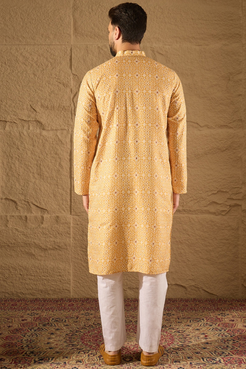 Yellow Silk Blend Ethnic Motif Embroidered Straight Kurta With Pant Set MKSET1304