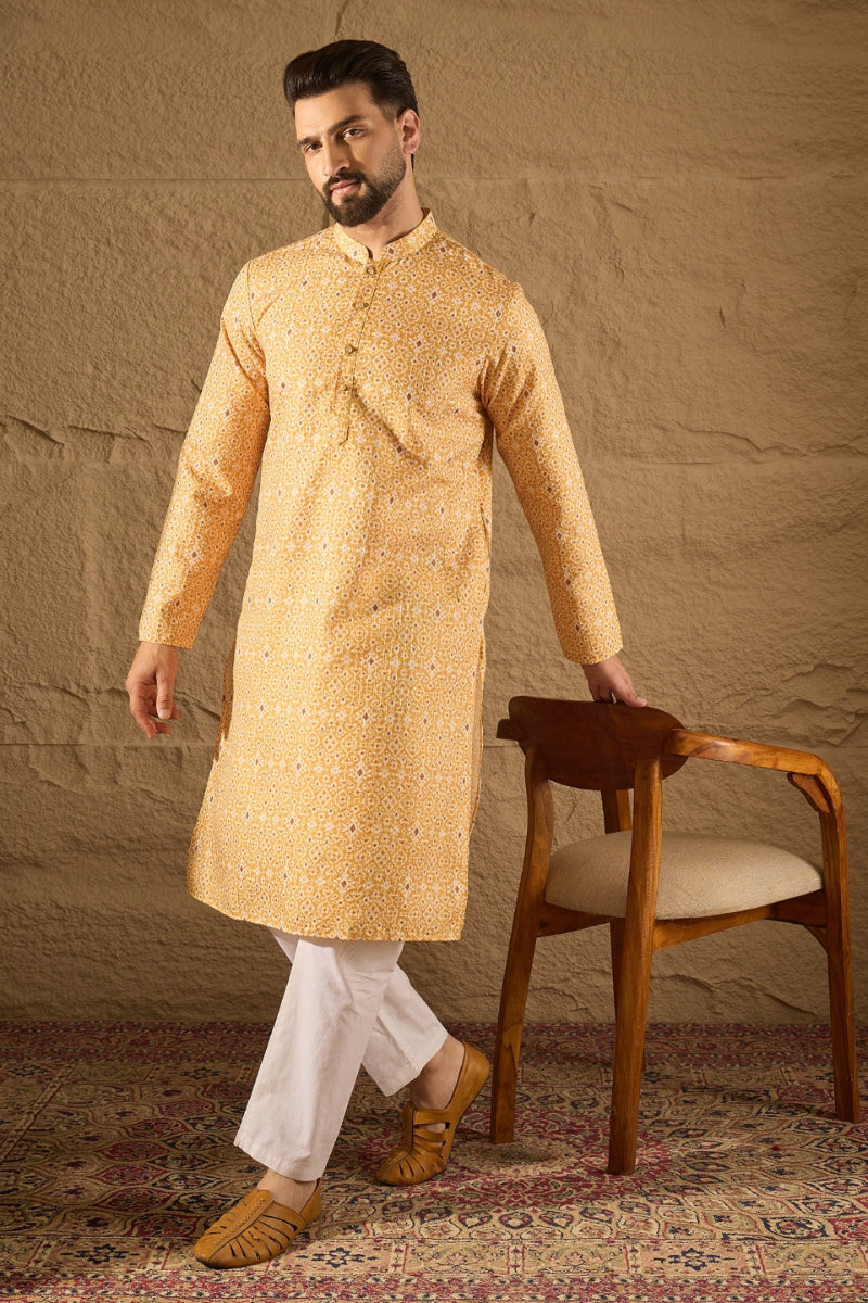 Yellow Silk Blend Ethnic Motif Embroidered Straight Kurta With Pant Set MKSET1304