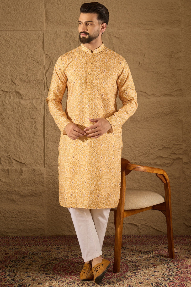 Yellow Cotton Ethnic Motifs Straight Kurta MKU1304