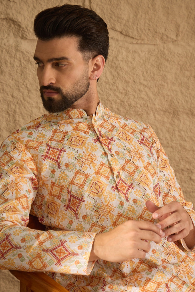 White Silk Blend Geometric Embroidered Straight Kurta MKU1310