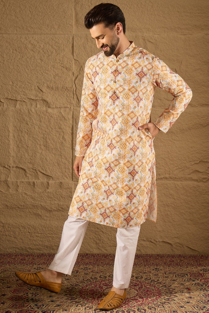 White Silk Blend Geometric Embroidered Straight Kurta MKU1310