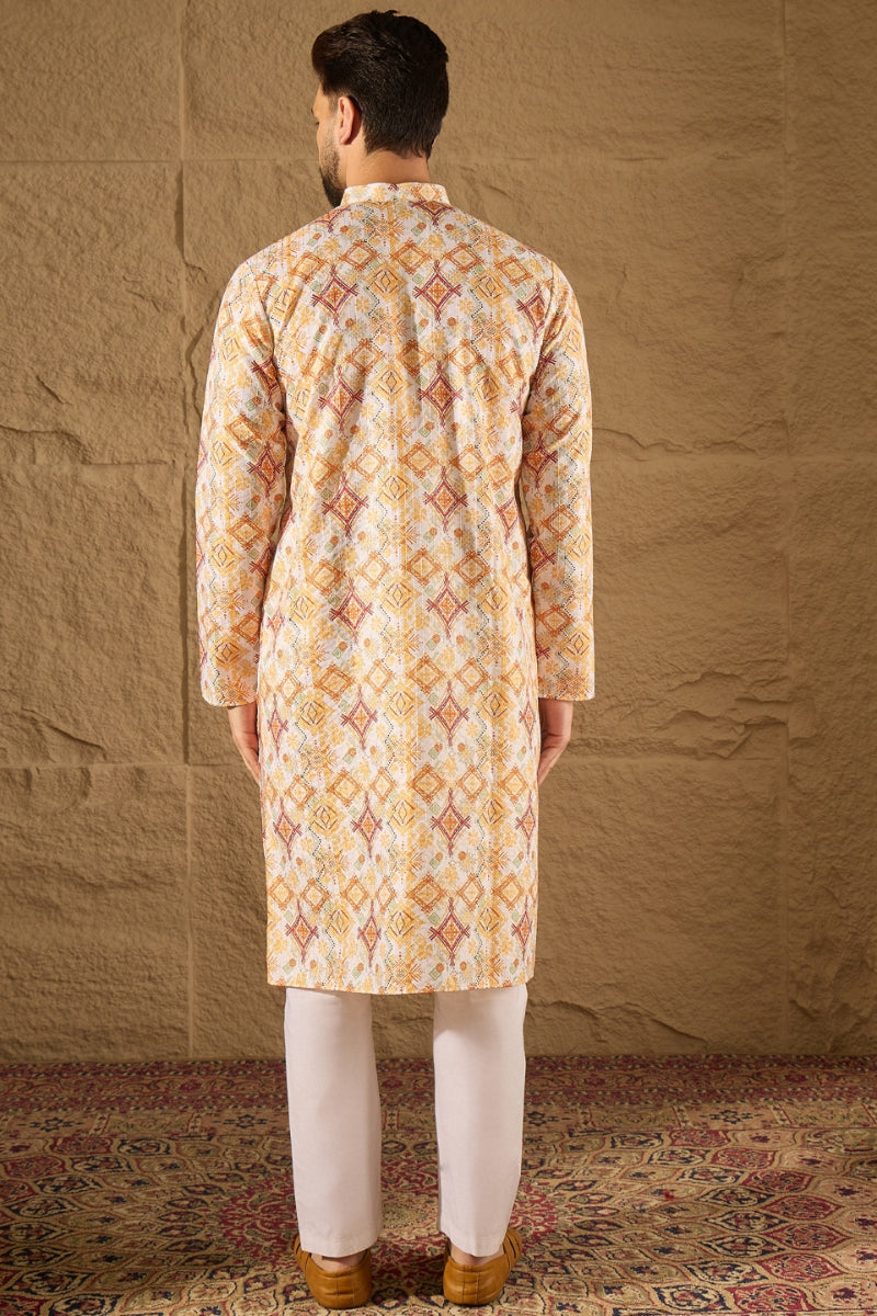 White Silk Blend Geometric Embroidered Straight Kurta MKU1310