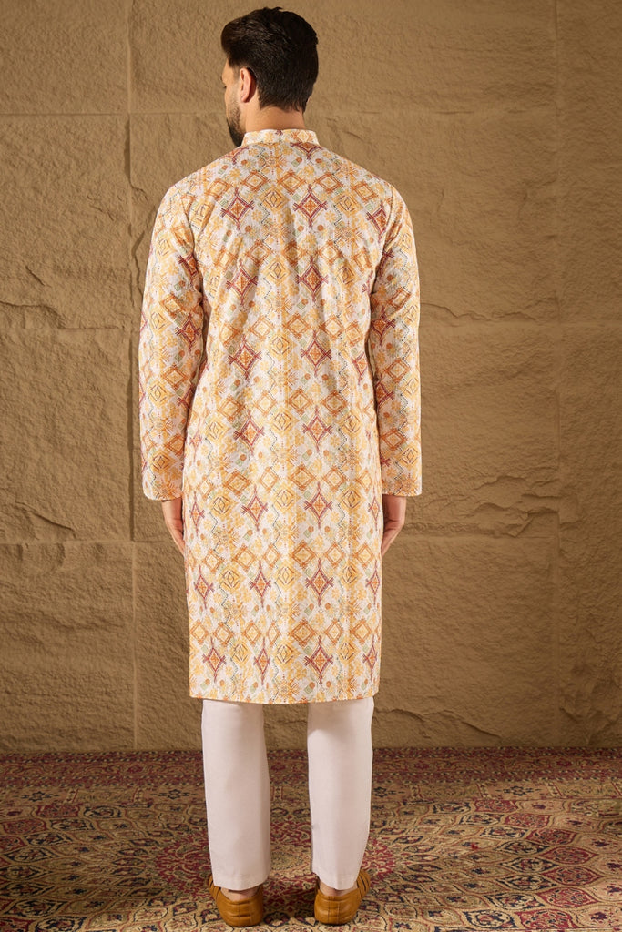 White Silk Blend Geometric Embroidered Straight Kurta MKU1310