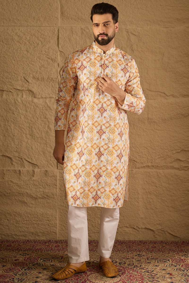 White Silk Blend Geometric Embroidered Straight Kurta MKU1310