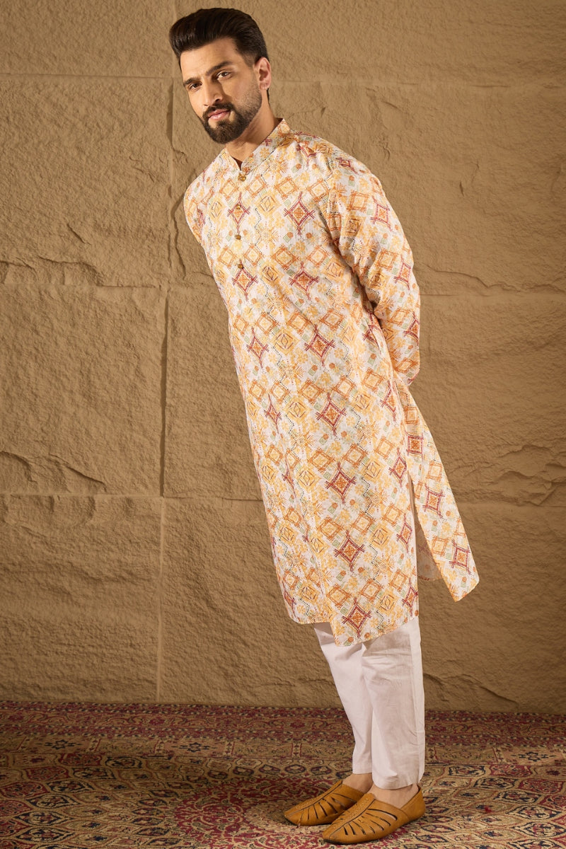 White Silk Blend Geometric Embroidered Straight Kurta MKU1310