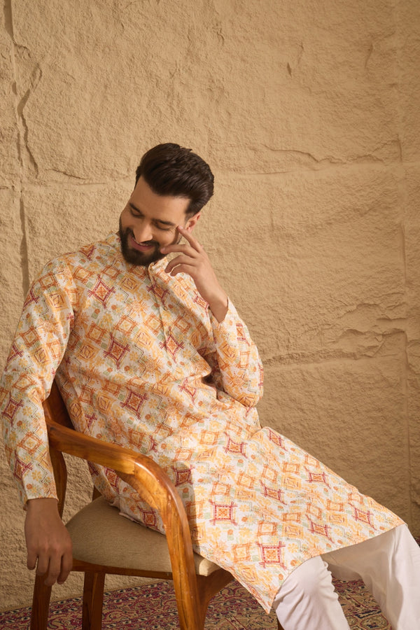 White Silk Blend Geometric Embroidered Straight Kurta MKU1310