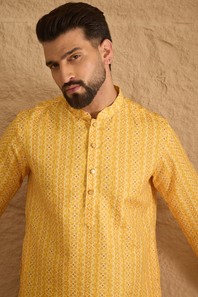 Yellow Silk Blend Geometric Embroidered Straight Kurta MKU1313