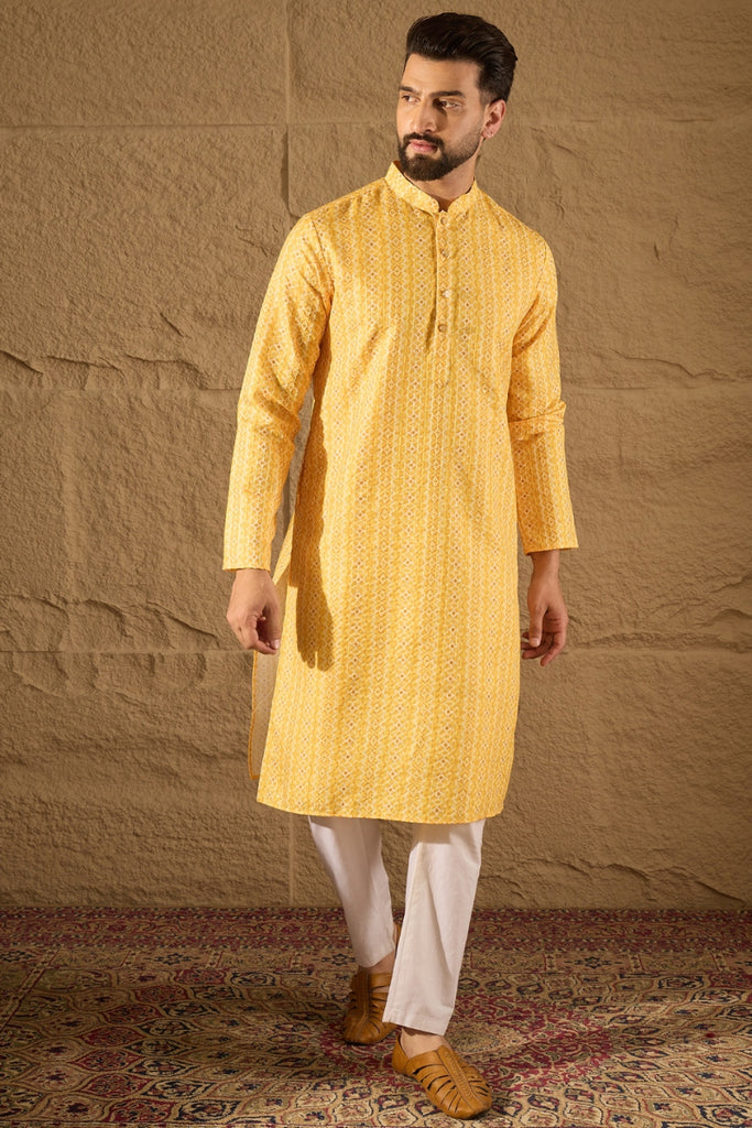 Yellow Silk Blend Geometric Embroidered Straight Kurta MKU1313
