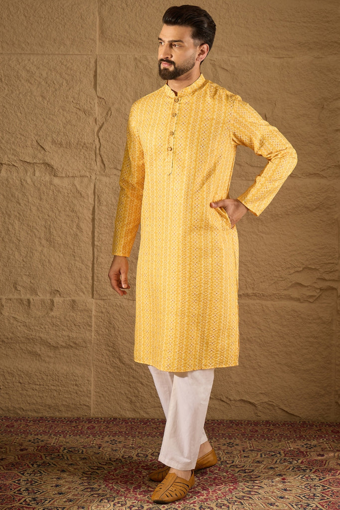 Yellow Silk Blend Geometric Embroidered Straight Kurta MKU1313