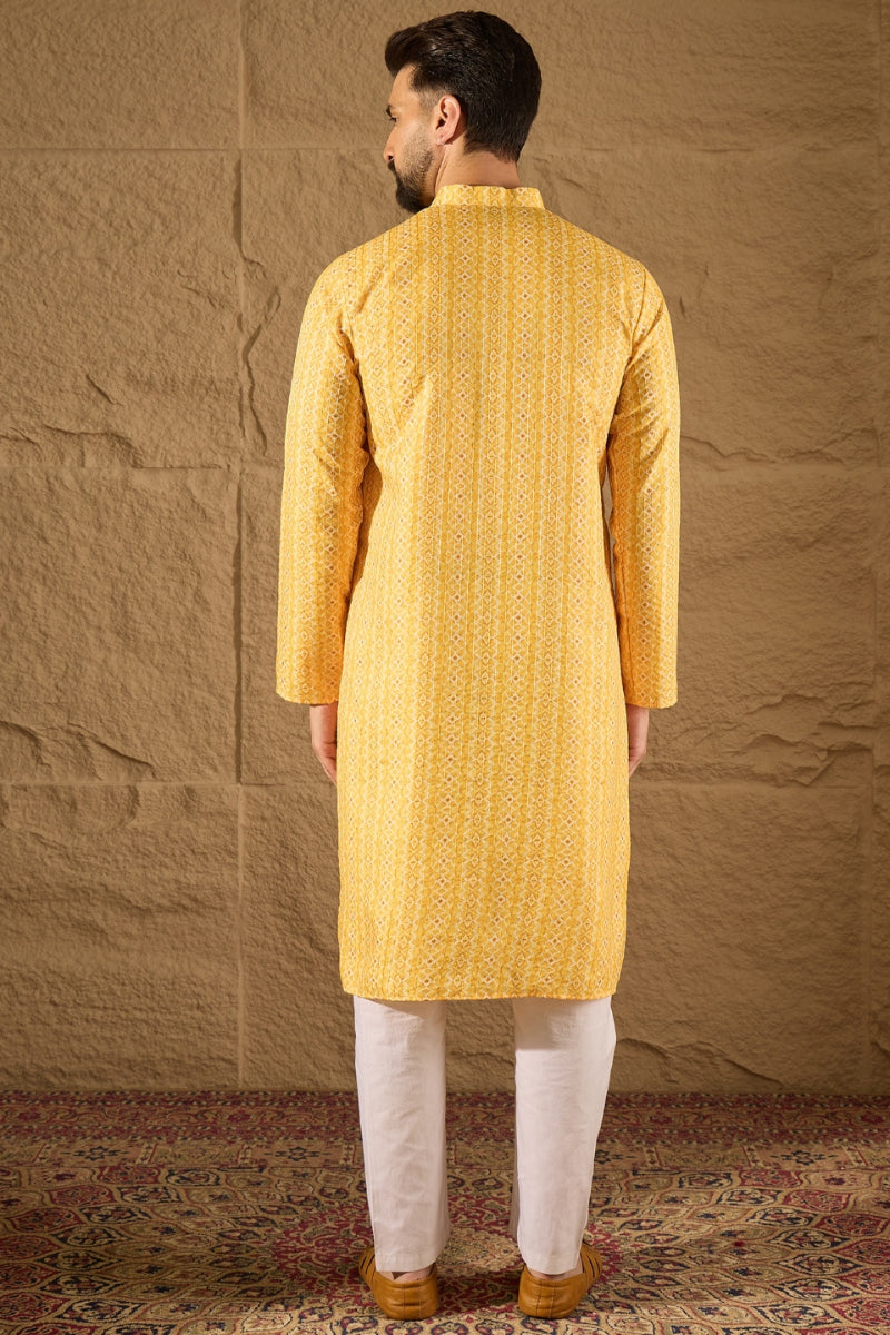 Yellow Silk Blend Geometric Embroidered Straight Kurta MKU1313