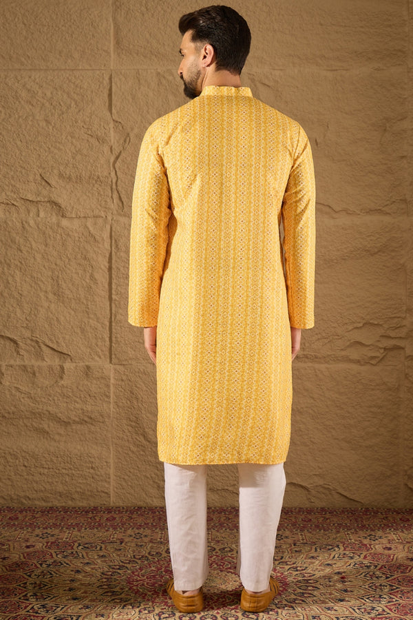 Yellow Silk Blend Geometric Embroidered Straight Kurta MKU1313