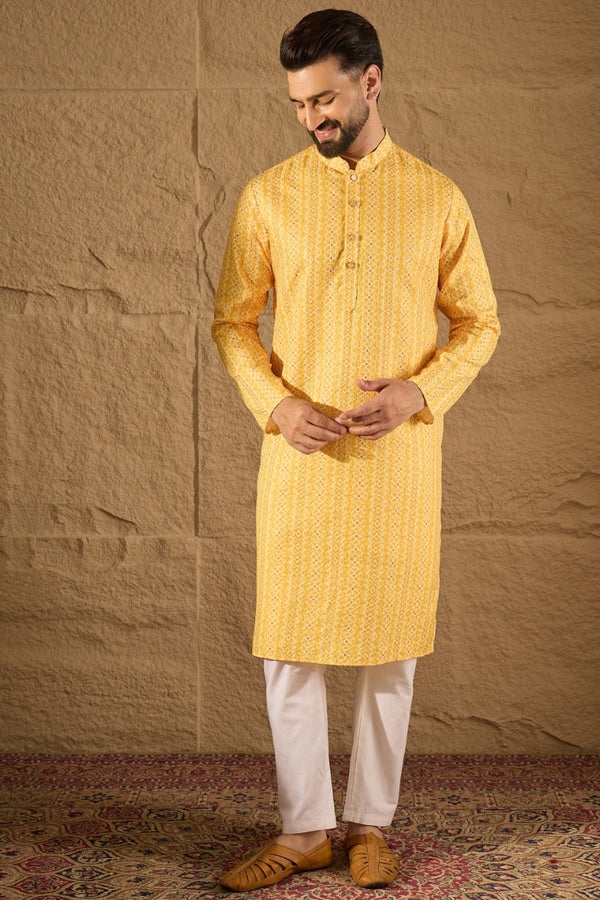 Yellow Silk Blend Geometric Embroidered Straight Kurta MKU1313