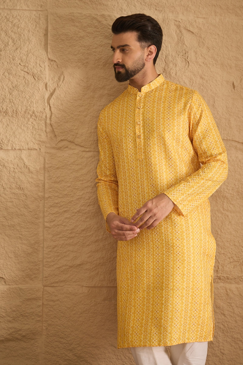 Yellow Silk Blend Geometric Embroidered Straight Kurta MKU1313