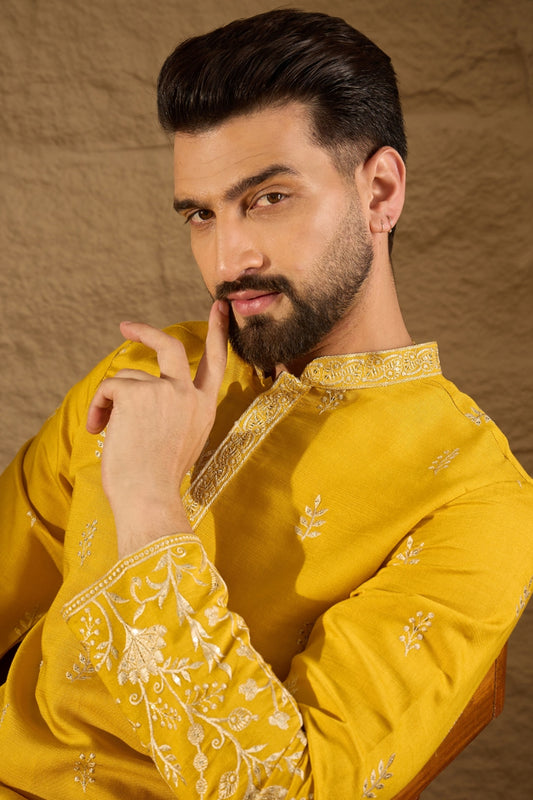 Yellow Chanderi Silk Embroidered Straight Kurta HOPMKU1314