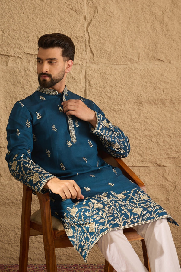 Blue Chanderi Silk Embroidered Straight Kurta HOPMKU1315