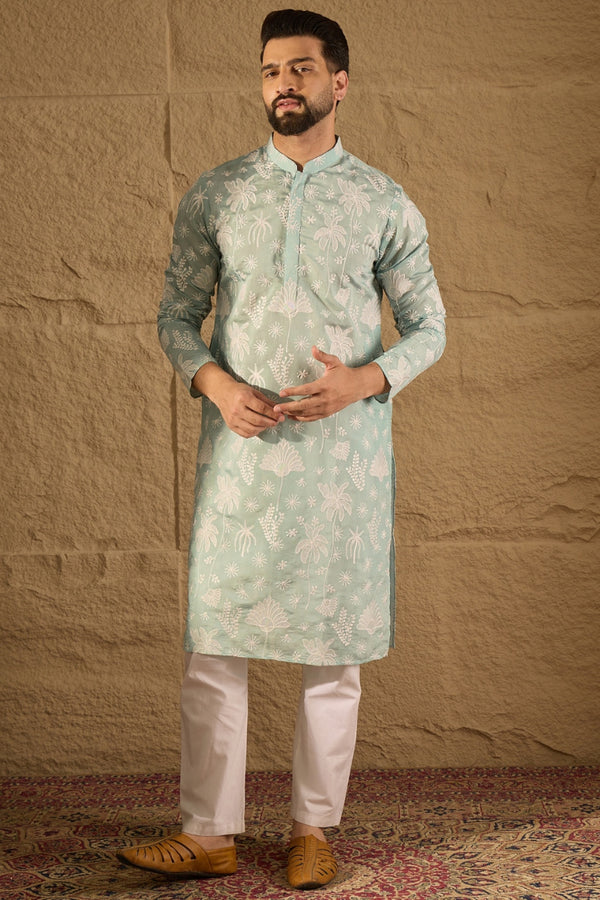 Blue Chanderi Silk Embroidered Straight Kurta MKU1317