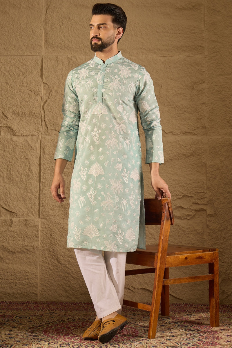 Blue Chanderi Silk Embroidered Straight Kurta MKU1317