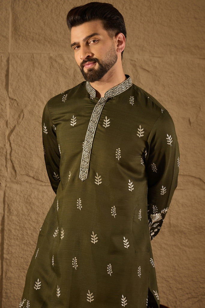 Olive Chanderi Silk Embroidered Straight Kurta HOPMKU1319