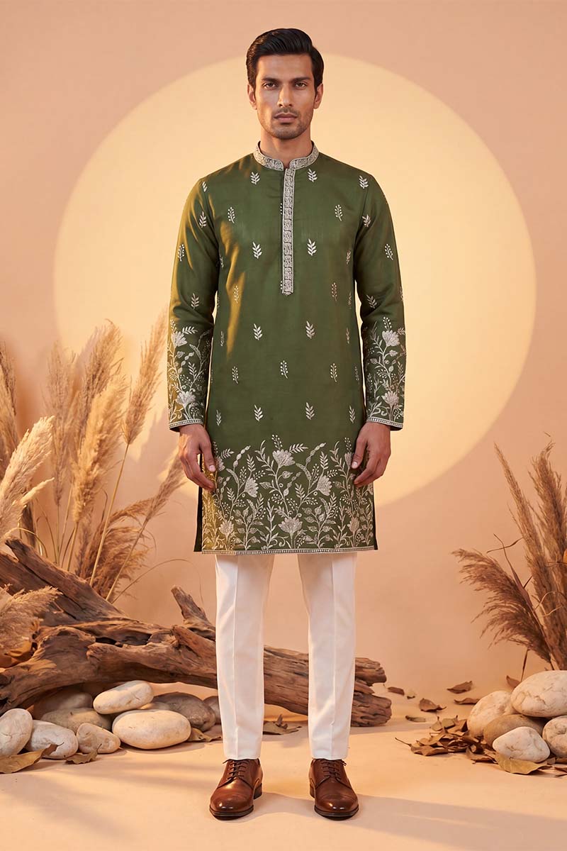 Olive Vertican Solid Embroidered Straight Kurta MKU1319