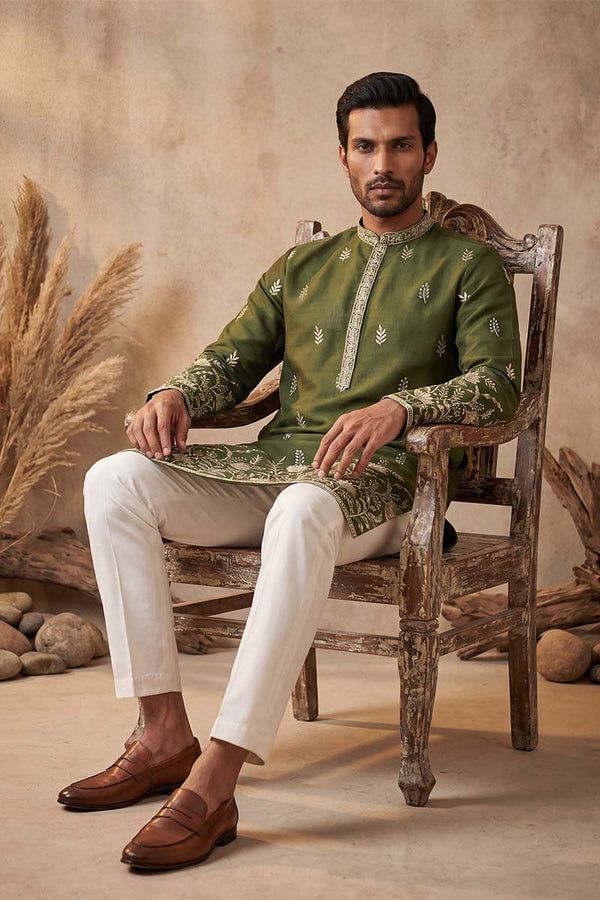 Olive Vertican Solid Embroidered Straight Kurta MKU1319