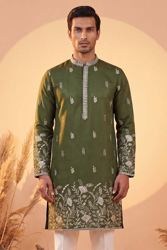 Olive Vertican Solid Embroidered Straight Kurta MKU1319