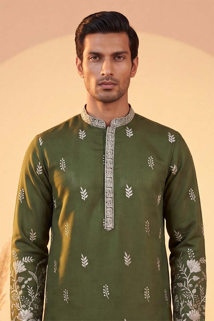 Olive Vertican Solid Embroidered Straight Kurta MKU1319