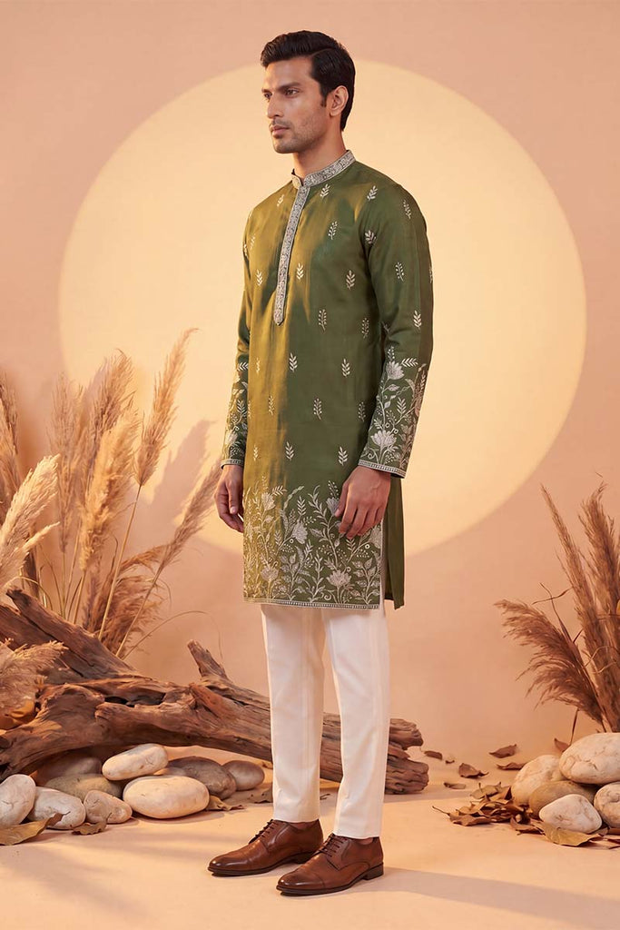Olive Vertican Solid Embroidered Straight Kurta MKU1319