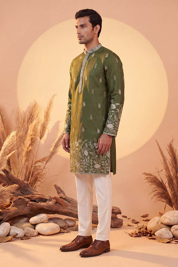 Olive Vertican Solid Embroidered Straight Kurta MKU1319