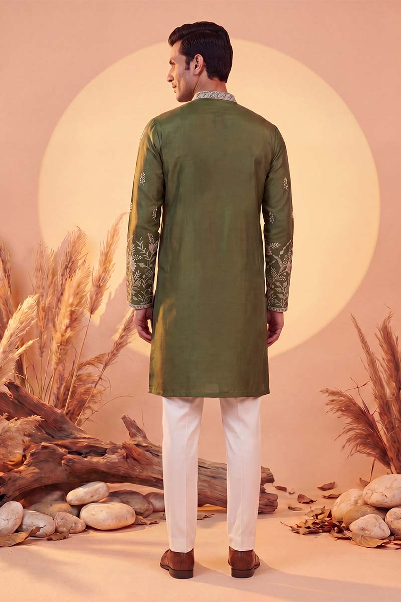 Olive Vertican Solid Embroidered Straight Kurta MKU1319