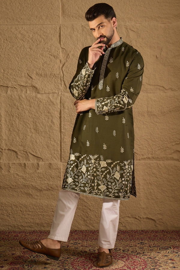 Olive Chanderi Silk Embroidered Straight Kurta HOPMKU1319