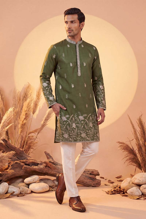 Olive Vertican Solid Embroidered Straight Kurta MKU1319
