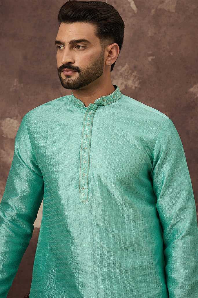 Turquoise Blue Silk Blend Solid Woven Design Straight Kurta MKU1323