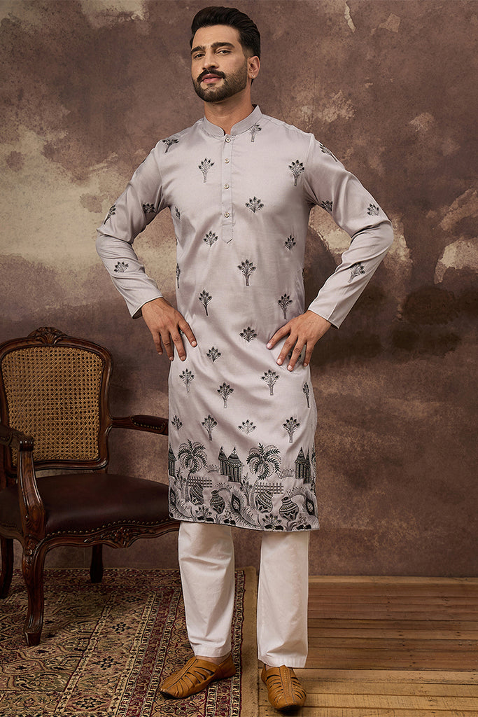 Grey Silk Solid Embroidered Straight Kurta MKU1326