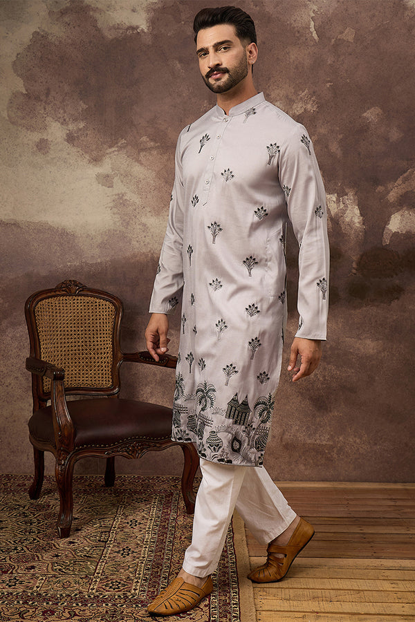 Grey Silk Solid Embroidered Straight Kurta MKU1326