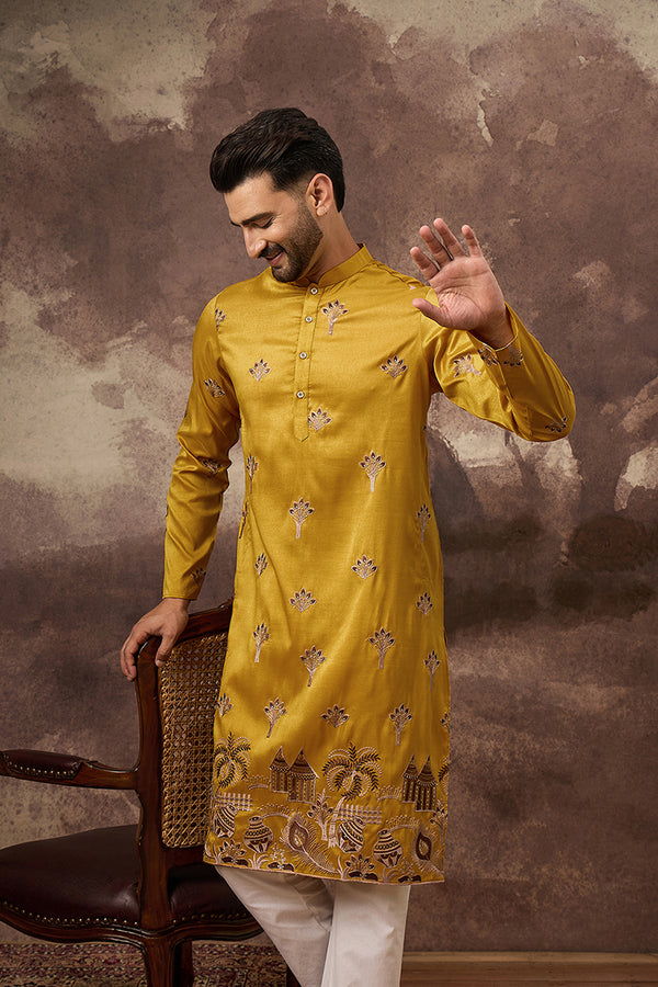 Yellow Silk Solid Embroidered Straight Kurta MKU1328
