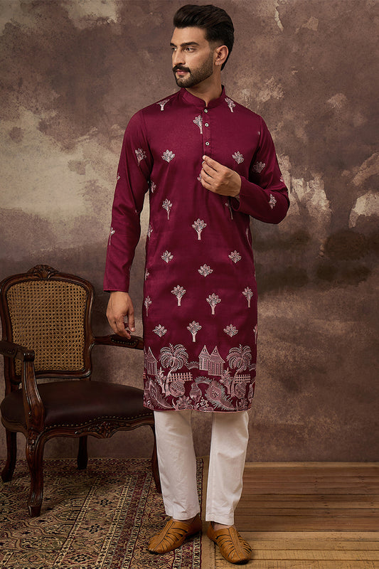 Maroon Silk Blend Solid Embroidered Straight Kurta MKU1329