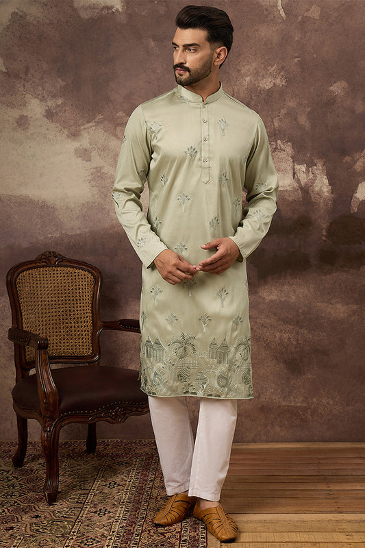 Green Silk Solid Embroidered Straight Kurta MKU1330